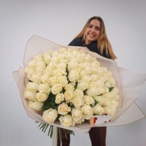 100 baltų rožių puokštė