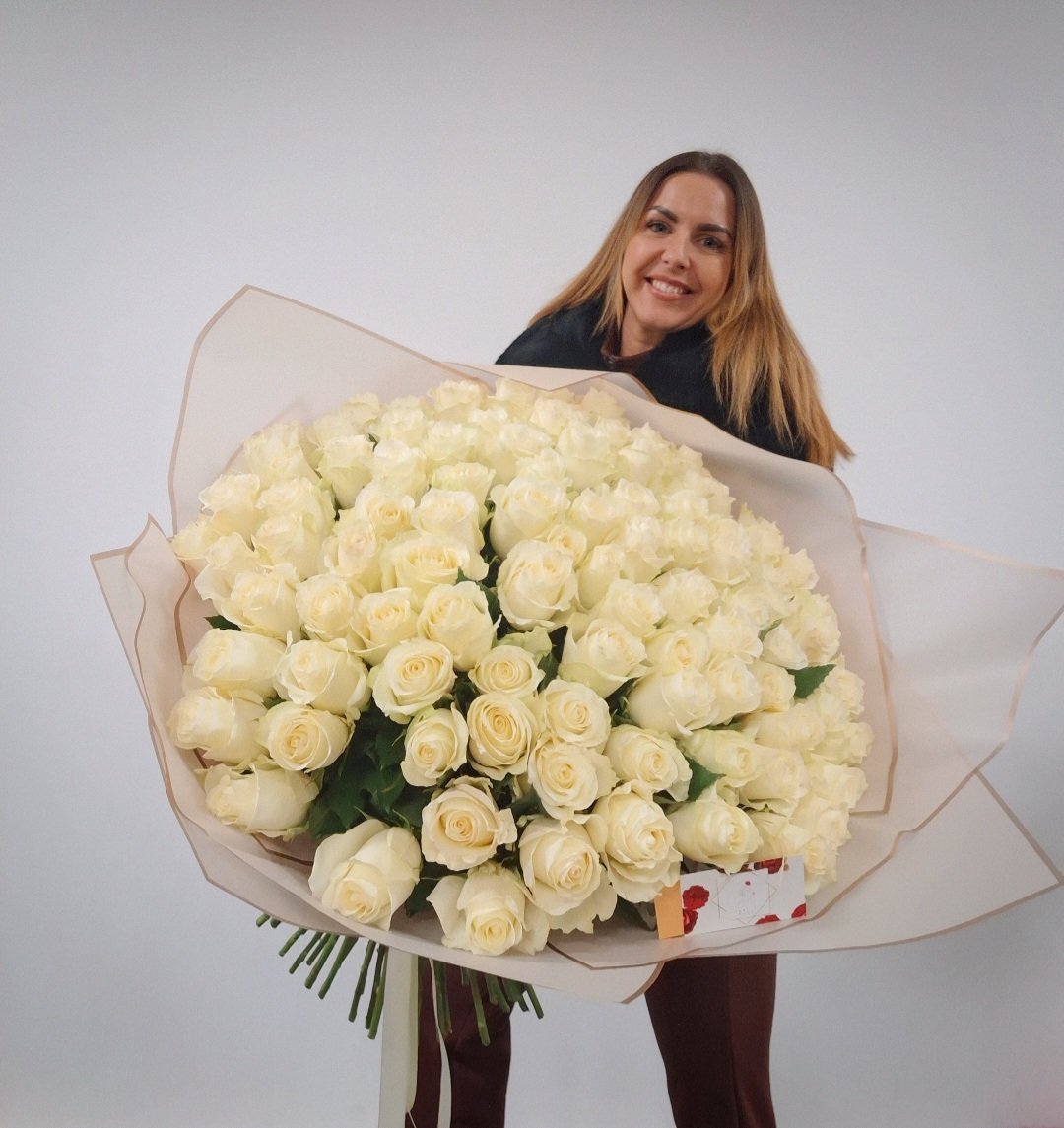 100 baltų rožių puokštė
